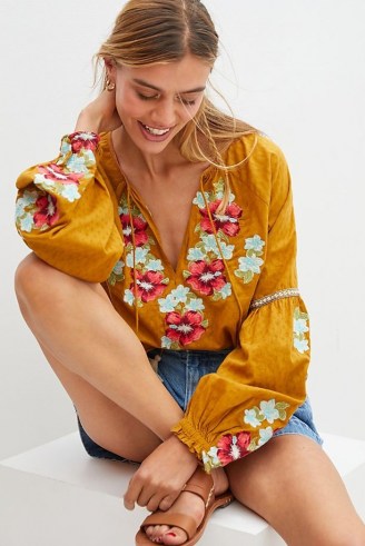 Forever That Girl Embroidered Floral Peasant Blouse / yellow cotton boho style blouses / bohemian look fashion