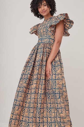SIKA Luna Maxi Dress – printed cotton ruffle sleeve fit and flare dresses – geometric prints - flipped