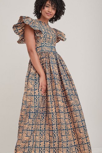SIKA Luna Maxi Dress – printed cotton ruffle sleeve fit and flare dresses – geometric prints