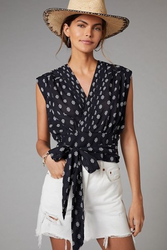 Anthropologie Tie-Waist Surplice Blouse – black printed cotton summer blouses - flipped