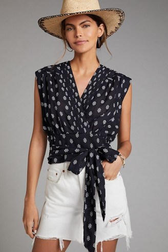 Anthropologie Tie-Waist Surplice Blouse – black printed cotton summer blouses