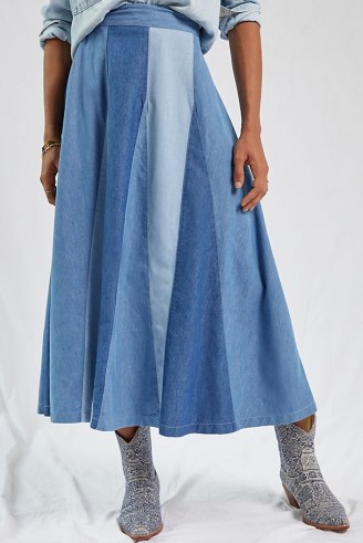 Love The Label Colourblocked Denim Midi Skirt Blue | tonal colour block skirts - flipped