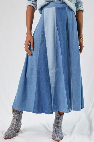 Love The Label Colourblocked Denim Midi Skirt Blue | tonal colour block skirts