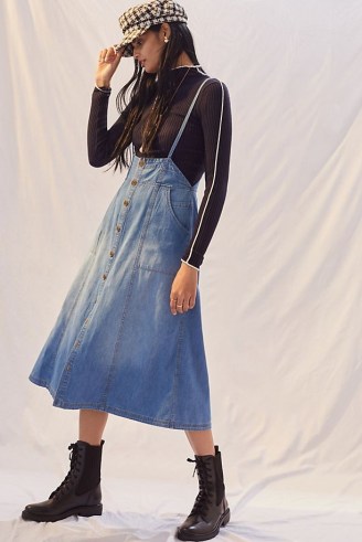 Pilcro Denim Overall Skirt | casual blue button front midi skirts - flipped
