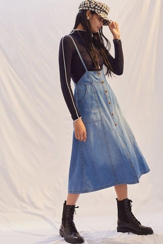 Pilcro Denim Overall Skirt | casual blue button front midi skirts