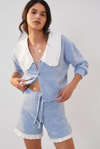 Daily Practice by Anthropologie Ruffled Knit Lounge Set in Sky – light blue loungewear sets – womens knitted button up top and shorts lounge co ord – oversized collar trend - flipped