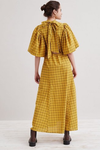 Selected Femme Checkie Ankle Dress in Maize / yellow checked bow back detail maxi dresses / voluminous balloon sleeve fashion
