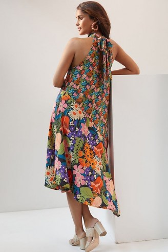 ANTHROPOLOGIE Silk Halter Midi Dress / floaty mixed print halterneck dresses - flipped