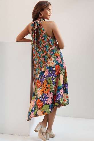 ANTHROPOLOGIE Silk Halter Midi Dress / floaty mixed print halterneck dresses