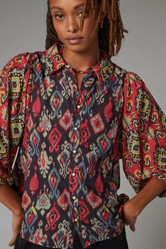 Forever That Girl Paisley Buttondown Shirt Red Motif / womens printed volume sleeve shirts - flipped