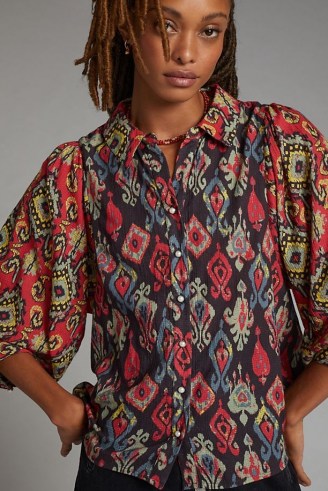 Forever That Girl Paisley Buttondown Shirt Red Motif / womens printed volume sleeve shirts