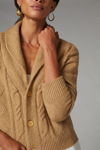 Pilcro Cable-Knit Cardigan Beige | womens neutral button front shawl collar cardigans - flipped
