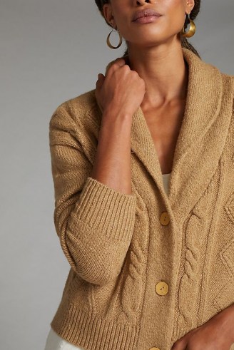 Pilcro Cable-Knit Cardigan Beige | womens neutral button front shawl collar cardigans