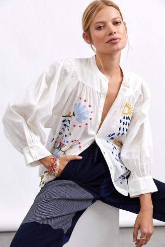 Maeve Puff-Sleeved Buttondown Shirt / womens white embroidered cotton shirts / floral and animal embroidery - flipped