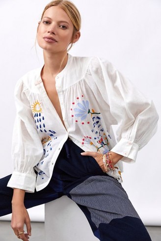 Maeve Puff-Sleeved Buttondown Shirt / womens white embroidered cotton shirts / floral and animal embroidery