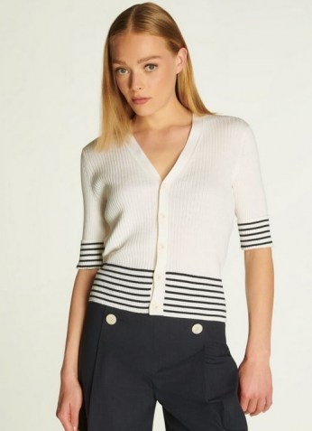 L.K. BENNETT BAY CREAM AND NAVY STRIPE COTTON CARDIGAN ~ striped nautical style button front cardigans ~ womens short sleeve summer cardi - flipped