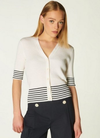 L.K. BENNETT BAY CREAM AND NAVY STRIPE COTTON CARDIGAN ~ striped nautical style button front cardigans ~ womens short sleeve summer cardi