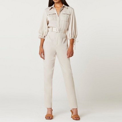 RIVER ISLAND Beige belted jumpsuit ~ evening utility style jumpsuits - flipped