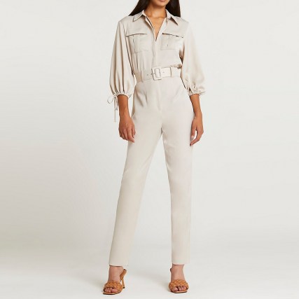 RIVER ISLAND Beige belted jumpsuit ~ evening utility style jumpsuits