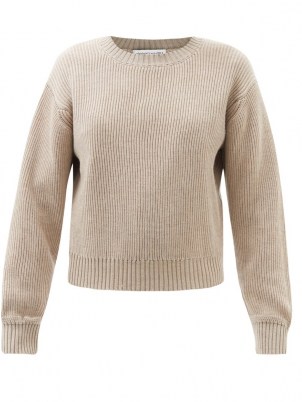 OFFICINE GÉNÉRALE Perrine beige ribbed-knit merino-wool sweater | womens neutral round neck sweaters - flipped