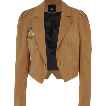RIVER ISLAND Beige puff sleeve badge detail cropped blazer ~ crop hem blazers ~ womens military style jacket ~ women’s casual cropped jackets - flipped