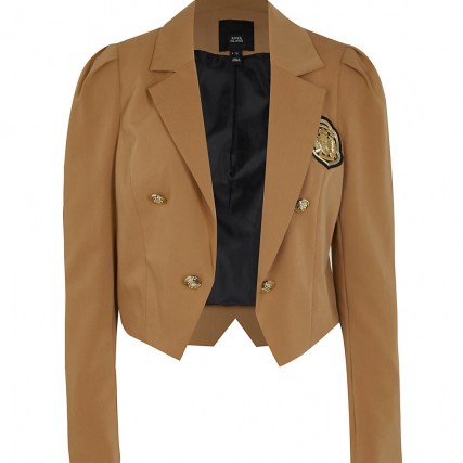 RIVER ISLAND Beige puff sleeve badge detail cropped blazer ~ crop hem blazers ~ womens military style jacket ~ women’s casual cropped jackets