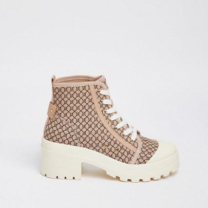 RIVER ISLAND Beige RI monogram canvas lace up ankle boot / womens chunky block heel logo print boots - flipped