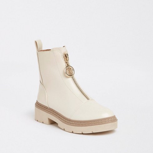 RIVER ISLAND Beige zip front chunky boots / womens on trend footwear - flipped