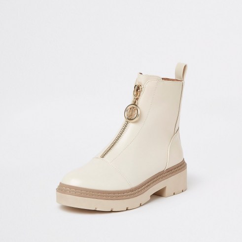 RIVER ISLAND Beige zip front chunky boots / womens on trend footwear