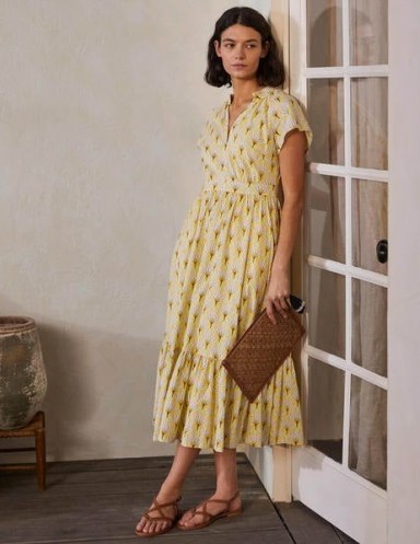 BODEN Bernadette Cotton Midi Dress Corn Yellow, Intricate Leaf / womens cotton fit and flare summer dresses / tiered hem - flipped