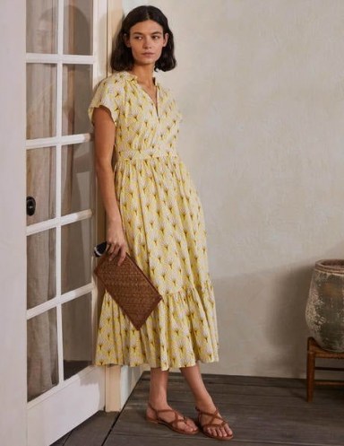BODEN Bernadette Cotton Midi Dress Corn Yellow, Intricate Leaf / womens cotton fit and flare summer dresses / tiered hem