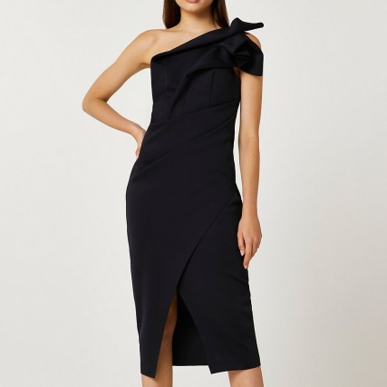 RIVER ISLAND Black asymmetric midi dress – one shoulder LBD – evening dresses – glamorous going out fashion - flipped