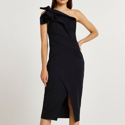 RIVER ISLAND Black asymmetric midi dress – one shoulder LBD – evening dresses – glamorous going out fashion