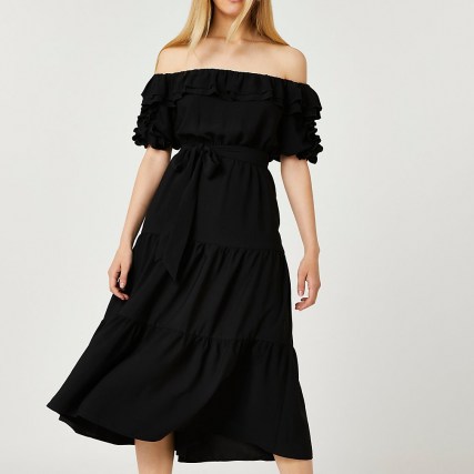 River Island Black bardot frill hem midi dress | off the shoulder dresses | womens peasant style summer fashion - flipped