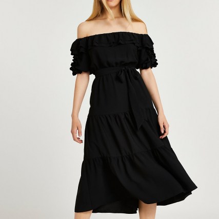 River Island Black bardot frill hem midi dress | off the shoulder dresses | womens peasant style summer fashion