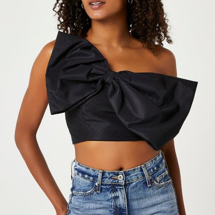 RIVER ISLAND Black bow sleeveless crop top – cropped hem tops – oversized bows - flipped