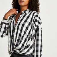 RIVER ISLAND Black check twist front long sleeve shirt / womens casual checked drop shoulder shirts