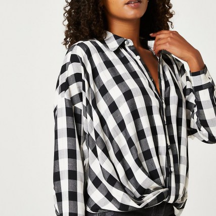 RIVER ISLAND Black check twist front long sleeve shirt / womens casual checked drop shoulder shirts - flipped
