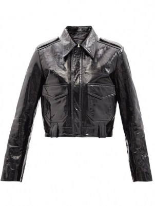 KHAITE Cordelia cropped black patent-leather jacket ~ women’s luxe crop hem jackets - flipped