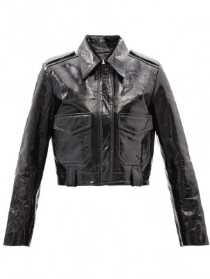 KHAITE Cordelia cropped black patent-leather jacket ~ women’s luxe crop hem jackets