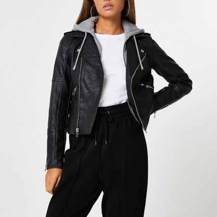 RIVER ISLAND Black faux leather biker hoodie ~ womens hooded zip detail jackets - flipped