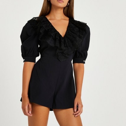 River Island Black frill v-neck puff sleeve playsuit | ruffled playsuits - flipped