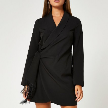 RIVER ISLAND Black fringe detail blazer dress – wrap style LBD – fashionable going out dresses - flipped