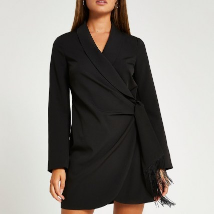 RIVER ISLAND Black fringe detail blazer dress – wrap style LBD – fashionable going out dresses