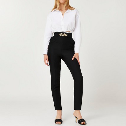 River Island Black knot front cigarette trousers | womens chic waist detail evening trousers - flipped