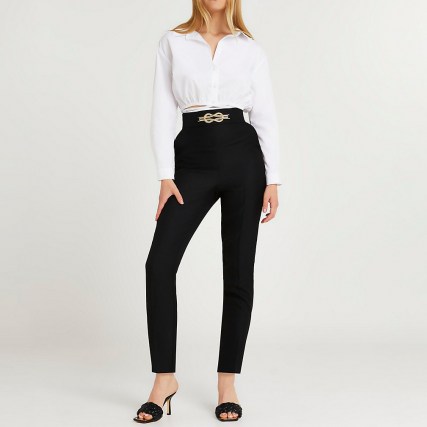 River Island Black knot front cigarette trousers | womens chic waist detail evening trousers