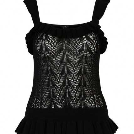 RIVER ISLAND Black lace frill stitched vest top ~ sleeveless fitted bodice peplum tops - flipped