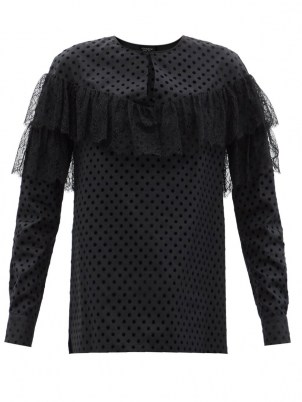 GIAMBATTISTA VALLI Lace-yoke cotton-blend Swiss-dot poplin blouse in black / romantic style ruffle trimmed blouses - flipped