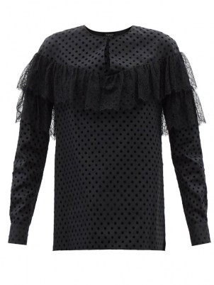 GIAMBATTISTA VALLI Lace-yoke cotton-blend Swiss-dot poplin blouse in black / romantic style ruffle trimmed blouses