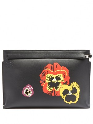 LOEWE Pansy-print black grained-leather pouch / floral clutch bags - flipped
